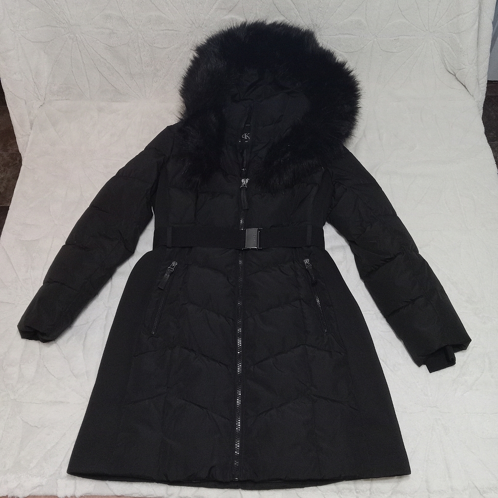 Calvin Klein Black Puffer Trench Coat with Hood and Belt